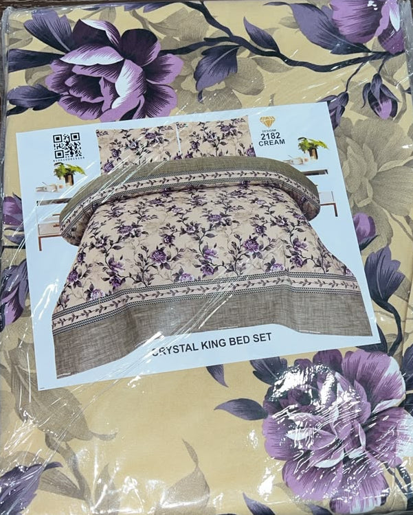 Crystal King Bed Set - Premium King Size Floral Printed Bedding Collection (Design 2182 Cream)