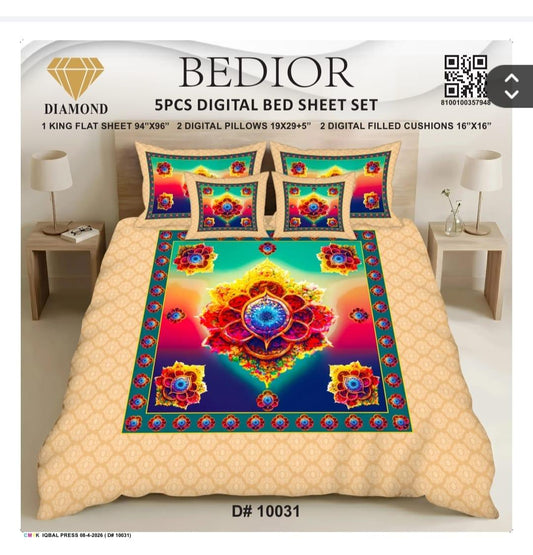 Bedior Diamond 5-Piece King Size Digital Bed Sheet Set - Luxury Floral Printed Bedding with 2 Pillows & 2 Filled Cushions