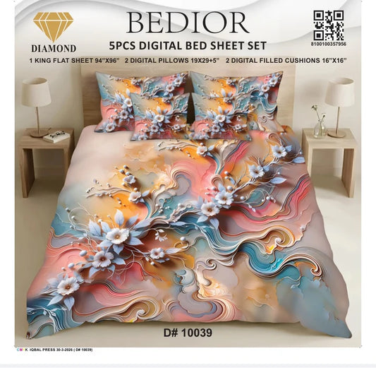 Bedior Diamond 5-Piece King Size Digital Bed Sheet Set - Luxury Floral Printed Bedding with 2 Pillows & 2 Filled Cushions