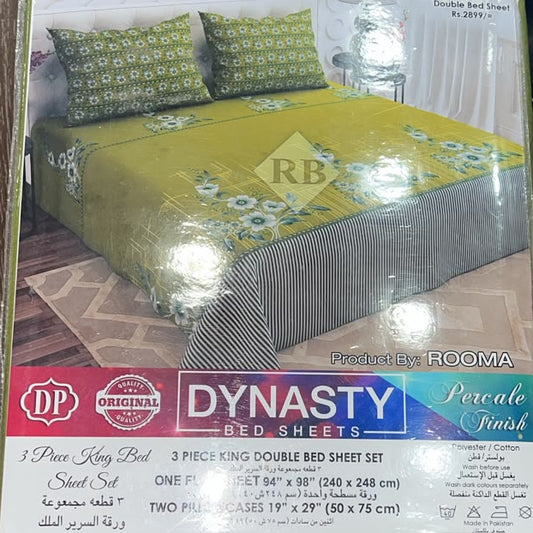 Dynasty 3-Piece King Size Double Bed Sheet Set with 2 Pillowcases - Premium Percale Finish Floral Printed Bedding (Polyester Cotton Blend)