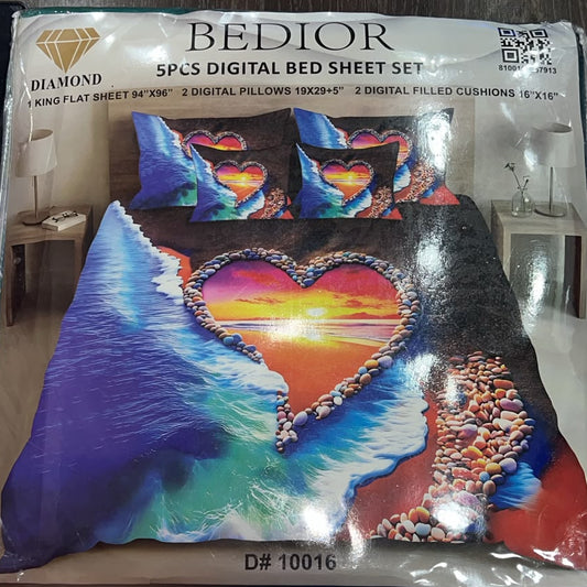 Bedior Diamond 5-Piece King Size Digital Bed Sheet Set - Luxury Floral Printed Bedding with 2 Pillows & 2 Filled Cushions