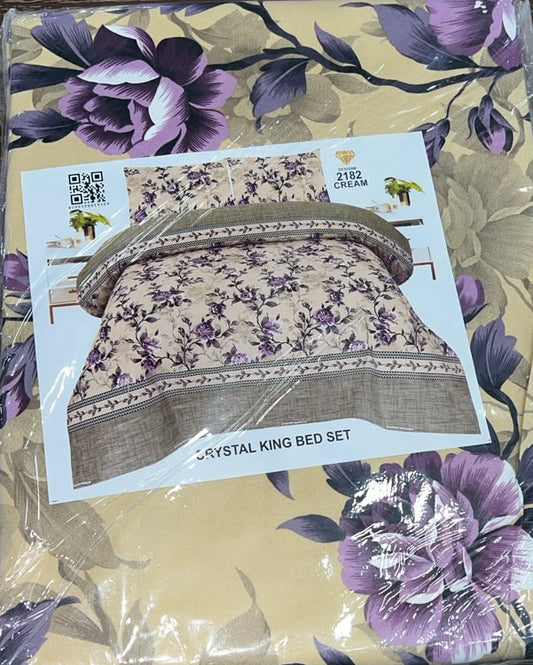 Crystal King Bed Set - Premium King Size Floral Printed Bedding Collection (Design 2182 Cream)