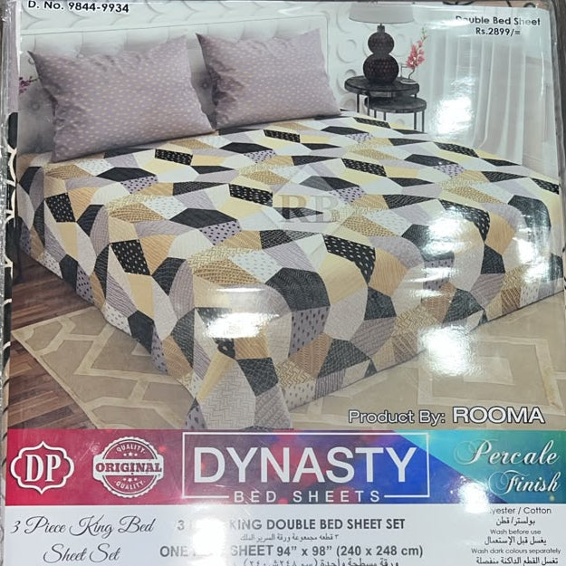 Dynasty 3-Piece King Size Double Bed Sheet Set with 2 Pillowcases - Premium Percale Finish Floral Printed Bedding (Polyester Cotton Blend)