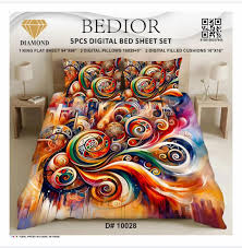 Bedior Diamond 5-Piece King Size Digital Bed Sheet Set - Luxury Floral Printed Bedding with 2 Pillows & 2 Filled Cushions