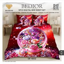 Bedior Diamond 5-Piece King Size Digital Bed Sheet Set - Luxury Floral Printed Bedding with 2 Pillows & 2 Filled Cushions