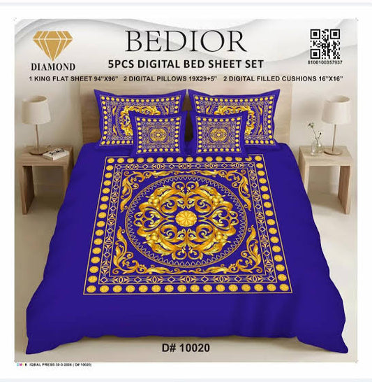 Bedior Diamond 5-Piece King Size Digital Bed Sheet Set - Luxury Floral Printed Bedding with 2 Pillows & 2 Filled Cushions