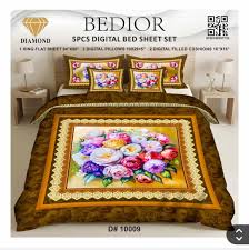 Bedior Diamond 5-Piece King Size Digital Bed Sheet Set - Luxury Floral Printed Bedding with 2 Pillows & 2 Filled Cushions